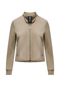 Giacca bomber beige con colletto alto, zip frontale completa e polsini elasticizzati. Tessuto liscio e design minimalista senza motivi visibili.