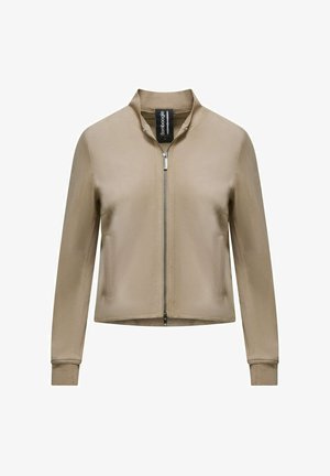 Beige bomberjakke med høj krave, fuld frontlynlås og elastiske manchetter. Glat stof og minimalistisk design uden synlige mønstre.