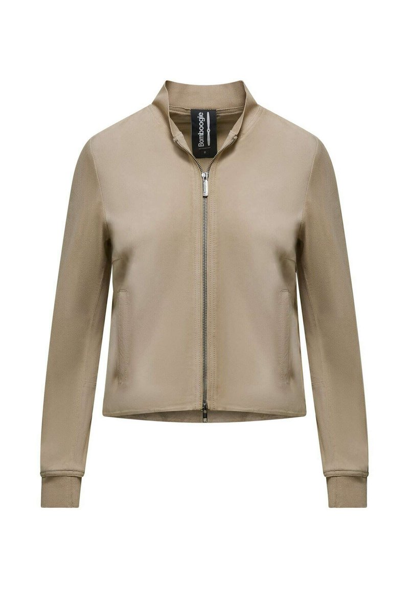 Giacca bomber beige con colletto alto, zip frontale completa e polsini elasticizzati. Tessuto liscio e design minimalista senza motivi visibili.