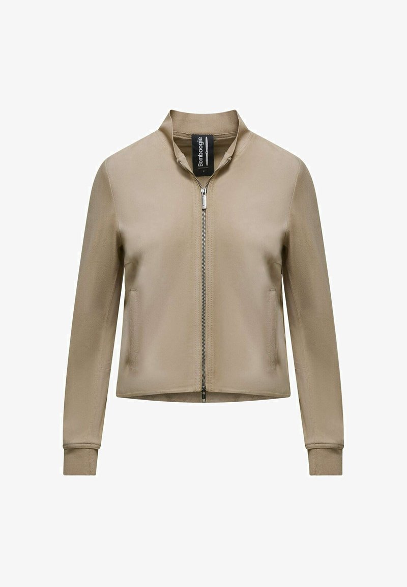 Beige bomberjack met een hoge kraag, volledig vooraan met rits en elastische manchetten. Glad stof en minimalistisch ontwerp zonder zichtbare patronen.