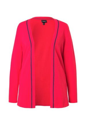 Rode cardigan met open voorkant, lange mouwen en donkerblauwe rand langs de randen. Gemaakt van zachte, lichte stof met een gladde textuur.
