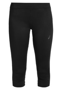 Czarne legginsy sportowe do kolan o gładkiej fakturze, z dopasowanym krojem i małym, dyskretnym logo po lewej stronie.