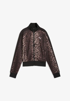 Brun og sort leopardmønstret lynlåstrøje med sort krave, manchetter og kant, med en hvid Puma-logo på venstre bryst.