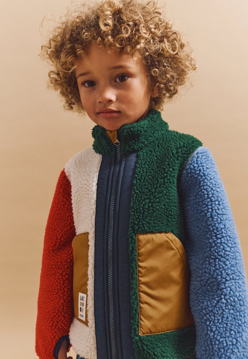 Bunte Jacke mit roten, weißen, grünen, blauen und braunen Paneelen; aus strukturiertem Fleece mit hohem Kragen und Reißverschluss.