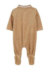 Combinaison pour bébé en velours marron avec des manches longues, design avec pieds et col rayé. Texture douce, silhouette simple et sans détails supplémentaires.