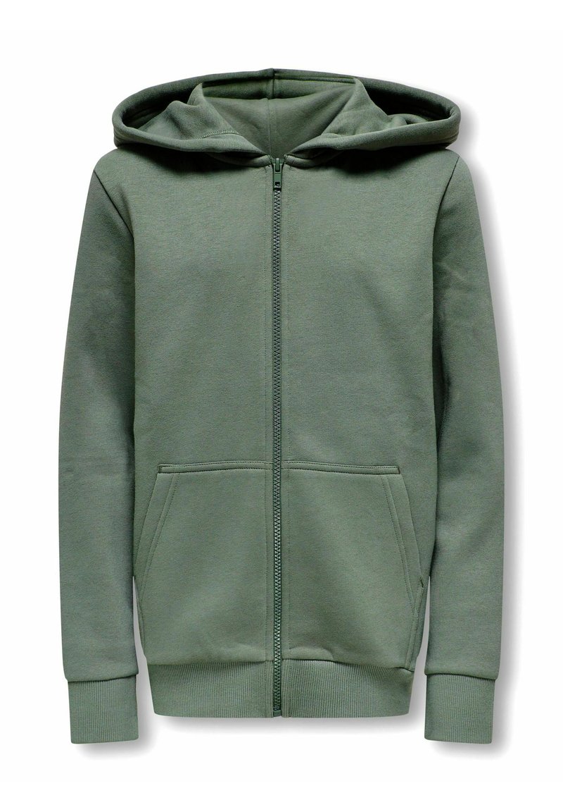 Haut de sweat à capuche zippé vert en tissu doux, avec une capuche double épaisseur, des poches avant et des poignets et un ourlet côtelés. Texture lisse sans motifs.