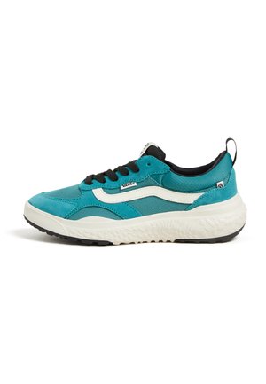 Turquoise canvas sneaker with black laces, white side stripe, cushioned midsole, textured outsole, and a pull tab at the heel.