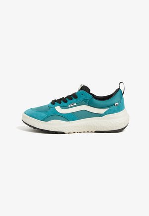 Turquoise canvas sneaker with black laces, white side stripe, cushioned midsole, textured outsole, and a pull tab at the heel.