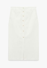 Witte denim midi rok met knoopsluiting aan de voorkant, zijzakken en een centrale split aan de voorkant. De rok heeft een soepele textuur, een rechte snit en een op maat gemaakt ontwerp.