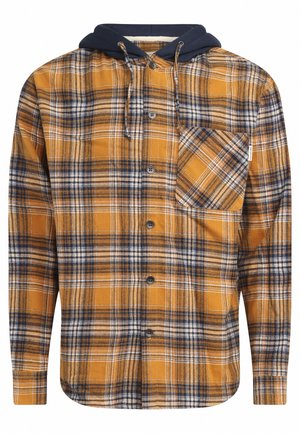 Herren Flanellhemd in orange-blauem Karomuster, mit einer blauen Kapuze, Knopfverschluss und einer linken Brusttasche mit diagonaler Musterung.