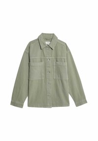 Camicia overshirt verde chiaro con chiusura a bottoni frontale, due tasche sul petto e colletto a punta. Realizzata in un tessuto morbido e strutturato.