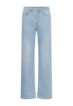 Svetlomodré džínsy so širokými nohavicami, predným gombíkom, zapínaním na zips a dizajnom s piatimi vreckami, zobrazené na bielom pozadí.