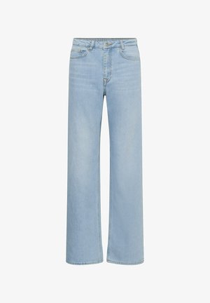 Svijetloplave široke traperice s prednjim kopčanjem na gumbe i patentni zatvarač, te dizajnom s pet džepova, prikazane na bijeloj pozadini.