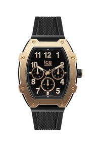 Orologio con cinturino in gomma nera e cassa ottagonale color oro. Il quadrante nero presenta grandi numeri dorati e tre sottomisure. Logo "ice watch" visibile.