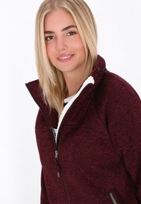 Burgundska flis jakna z visokim ovratnikom, teksturirano blago, belo ovčje krzno oblogo in žepih na zadrgo. Ima majhen logotip na prsih.