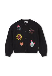 Czarny sweter zapinany na guziki, z okrągłym dekoltem i kolorowymi haftowanymi wzorami, w tym kaktusem, sercami i kształtami geometrycznymi.