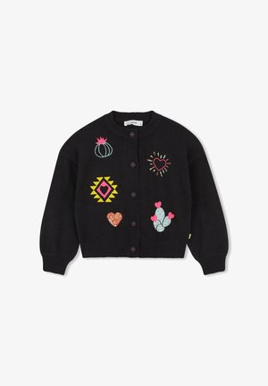 Zwarte gebreide cardigan met ronde hals, knoopsluiting en kleurrijke geborduurde patronen, waaronder een cactus, harten en geometrische vormen.