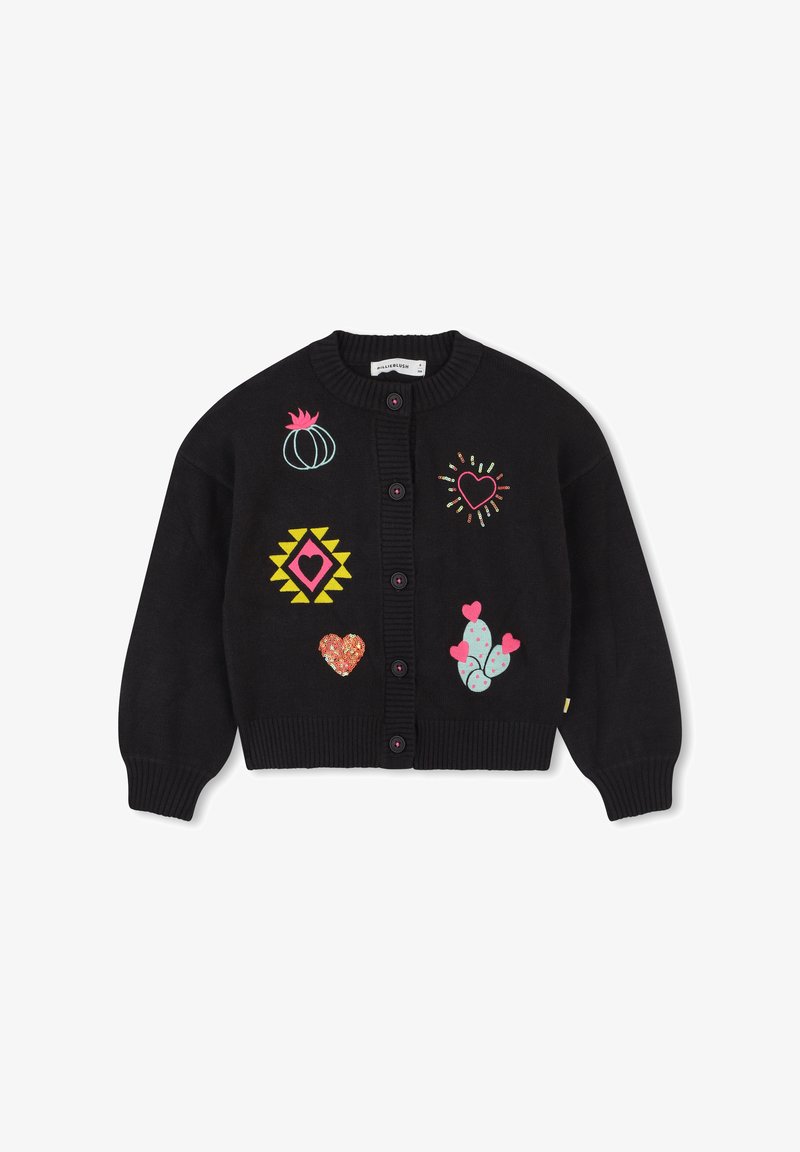 Czarny sweter zapinany na guziki, z okrągłym dekoltem i kolorowymi haftowanymi wzorami, w tym kaktusem, sercami i kształtami geometrycznymi.
