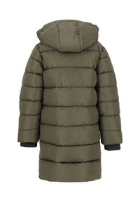 Polstret olivengrøn frakke med hætte, der har en quiltet design, elastiske manchetter og en lige pasform, velegnet til koldt vejr.