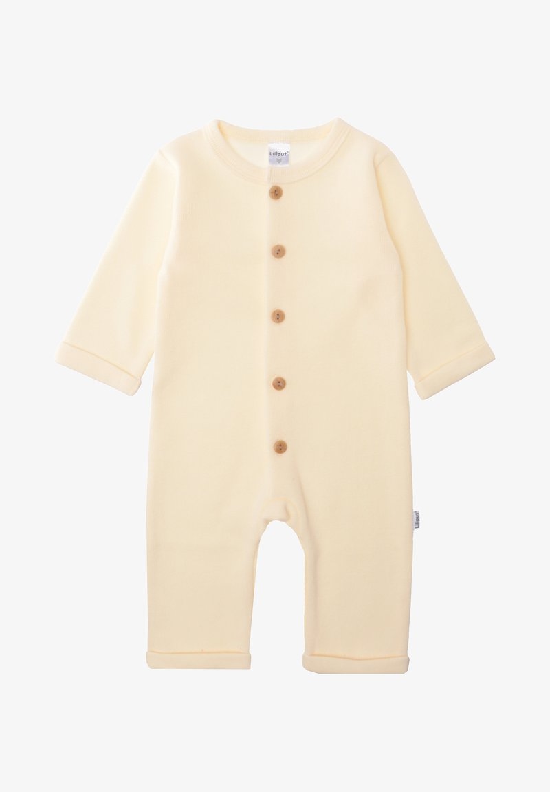 Cream-colored baby romper made of soft fabric. Features long sleeves, a round neckline, and five wooden buttons along the front.