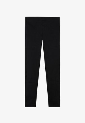 Black pants made of smooth, stretch fabric with a slim fit. Features a flat front and simple design with no visible hardware or accents.