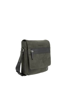 Stylowa zielona skórzana torebka na ramię z magnetyczną klapką, szarą ozdobną lamówką, regulowanym paskiem i przednią kieszenią na suwak.