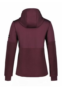 Veste bordeaux avec capuche. Tissu supérieur lisse avec une partie inférieure texturée douce. Présente des poignets côtelés et un accent logo sur la manche.