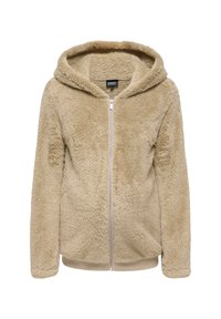 Beige zachte fleece hoodie met rits, lange mouwen, geribbelde manchetten en zoom, speciaal ontworpen voor zwangerschapskleding.