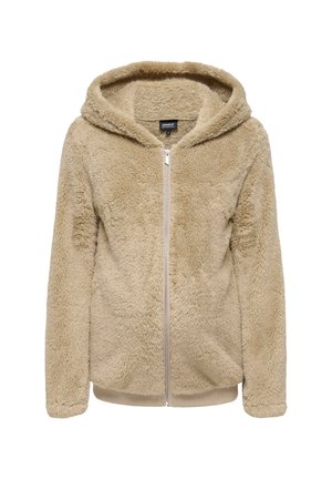 Beige soft fleece zip-up hoodie with long sleeves, ribbed cuffs and hem, designed for maternity wear.