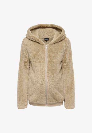 Beige pehmeä fleece-haalari, jossa on pitkähihaiset hihat, resorit hihansuissa ja helmassa, suunniteltu raskausvaatteeksi.