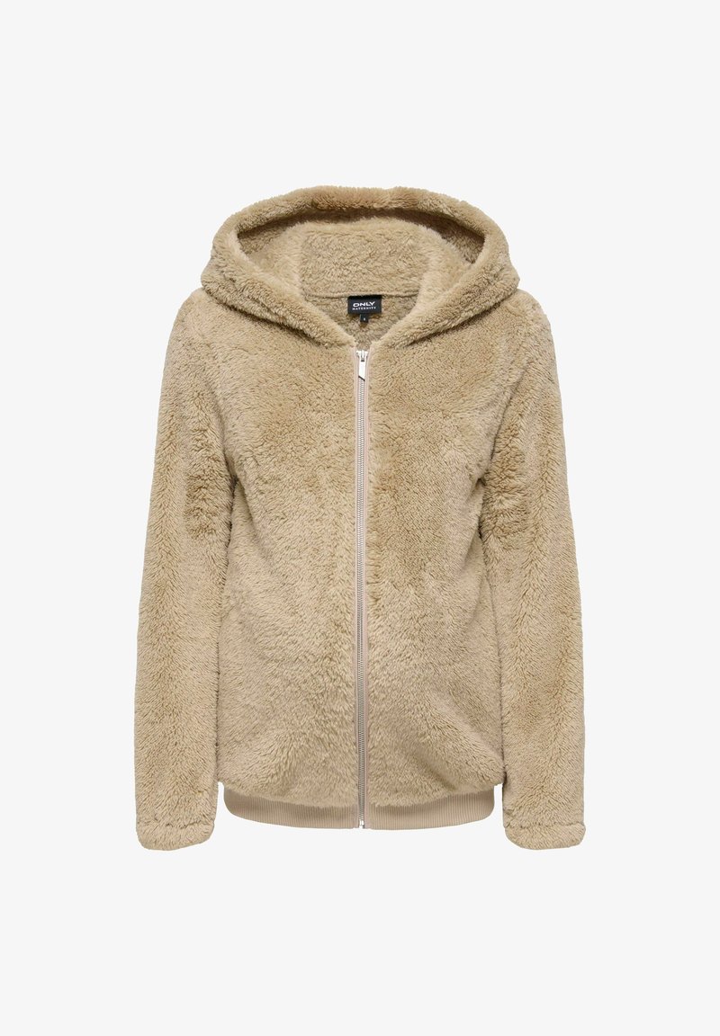 Veste à capuche zippée en polaire beige douce avec des manches longues, des poignets et un ourlet côtelés, conçue pour le maternité.