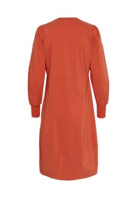 Orange klänning med hög ringning, långa puffärmar och avslappnad passform. Tyget ser jämnt ut med minimala synliga sömmar.