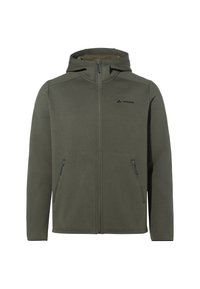 Olivgrüne Zip-Hoodie aus weichem, strukturiertem Stoff. Mit Kapuze, zwei Seitentaschen und einem kleinen Logo auf der Brust.
