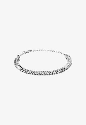 Srebrna podwójna bransoletka łańcuszkowa z regulowanym zapięciem na białym tle.