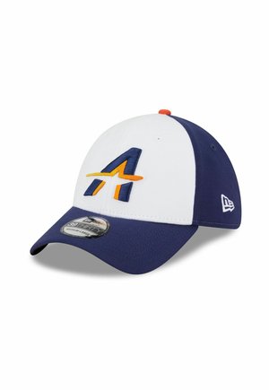 Weißer und marinefarbener Baseball-Cap mit einem orangefarbenen und marineblauen stilisierten "A"-Logo auf der Vorderseite, orangefarbenem Knopf oben und New Era-Logo an der Seite.