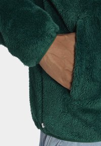 Chaqueta de felpa verde con una textura suave, que cuenta con un bolsillo lateral y detalle de puño acanalado. Tono de piel visible en la abertura del bolsillo.