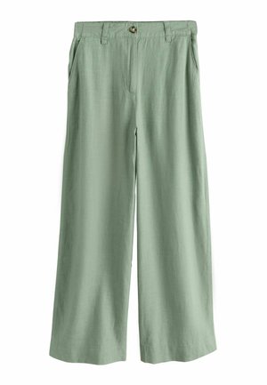 Light green wide-leg pants with button closure, side pockets, and belt loops, displayed against a white background.