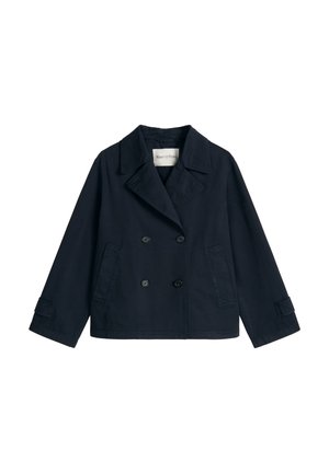 Marineblaue zweireihige Jacke mit breiten Revers, zwei Vordertaschen und geknöpften Bündchen, Marke Marc O'Polo.