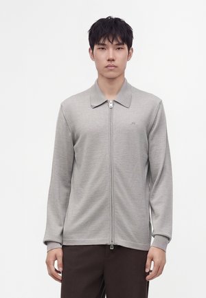 Mann mit einem hellgrauen Reißverschluss-Pullover mit Kragen und dunkelbrauner Hose, steht vor einem schlichten weißen Hintergrund.
