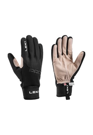 Paar schwarze und beige LEKI-Handschuhe mit strukturierter Rückseite und glatter Handfläche mit Gore-Tex-Label, speziell für den Außeneinsatz konzipiert.