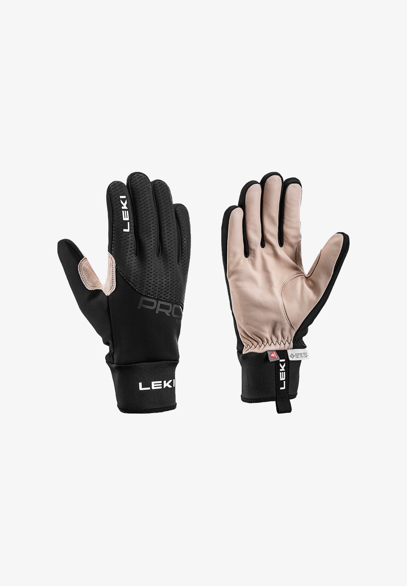 Paar schwarze und beige LEKI-Handschuhe mit strukturierter Rückseite und glatter Handfläche mit Gore-Tex-Label, speziell für den Außeneinsatz konzipiert.