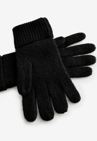Schwarze Wollhandschuhe mit geripptem Bündchen, featuring eine glatte Stricktextur und fünf Finger, flach auf einem hellen Hintergrund ausgelegt.