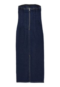 Jupe en denim bleu foncé avec une silhouette ajustée. Elle présente une fermeture éclair centrale, des coutures verticales et une coupe au niveau des genoux.