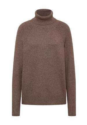 Suéter de cuello alto marrón hecho de una suave tela de punto. Presenta mangas largas, puños y dobladillo acanalados, con un corte relajado y sin patrones visibles.