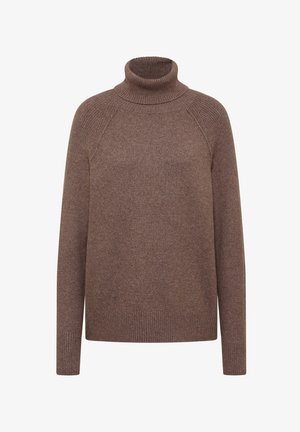 Brauner Rollkragenpullover aus weichem Strickstoff. Verfügt über lange Ärmel, gerippte Bündchen und Saum, hat einen lockeren Schnitt und keine sichtbaren Muster.