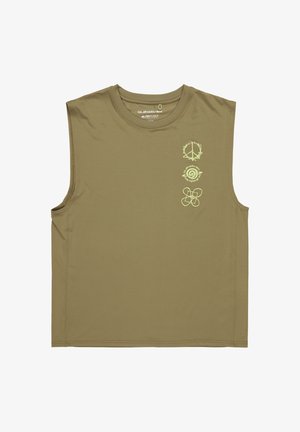 Olivgrön ärmlös skjorta tillverkad av mjukt tyg, med ljusgröna grafiska mönster av en fredssymbol, en virvel och en blomma.