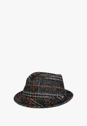 Dark gray tweed fedora hat with orange and white plaid pattern and a small round metal emblem on the side.
