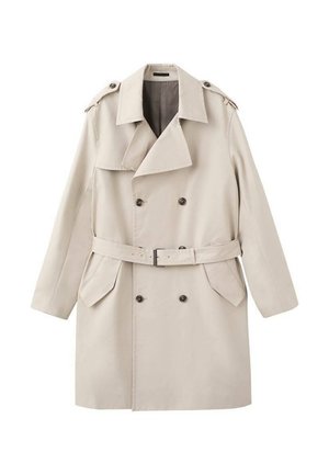 Beżowy trencz wykonany z gładkiej tkaniny, z dwurzędowym zapięciem z przodu, paskiem w talii, pagonami na ramionach oraz bocznymi kieszeniami.