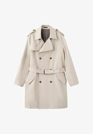 Beige trenchcoat van gladde stof, voorzien van een dubbele knoopsluiting, een ceintuur in de taille, schouderepauletten en zijzakken.