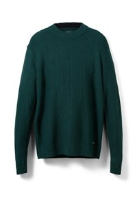 Pull en maille vert foncé à col rond, manches longues et bords-côtes aux poignets, à l'ourlet et à l'encolure, présenté sur fond blanc.
